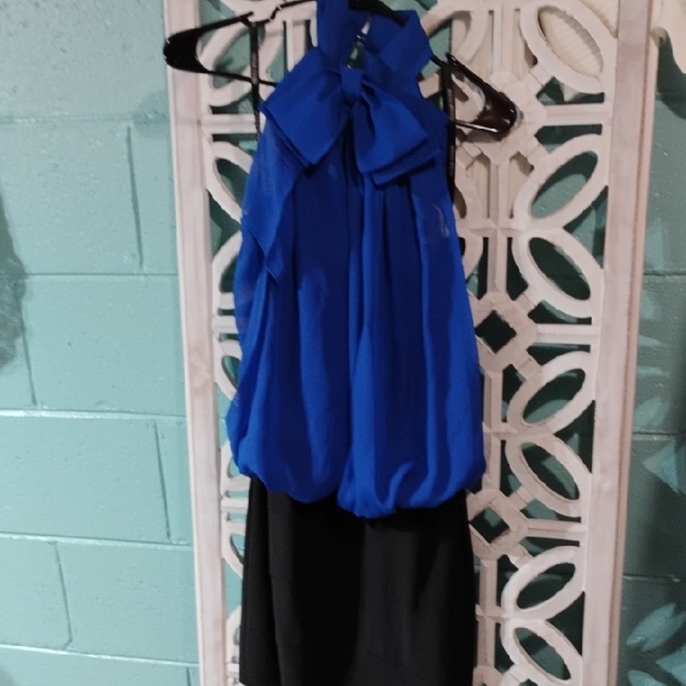 Bisou Bisou Classy Ruffle Bow Collar Royal Blue and Black Maxi Dress